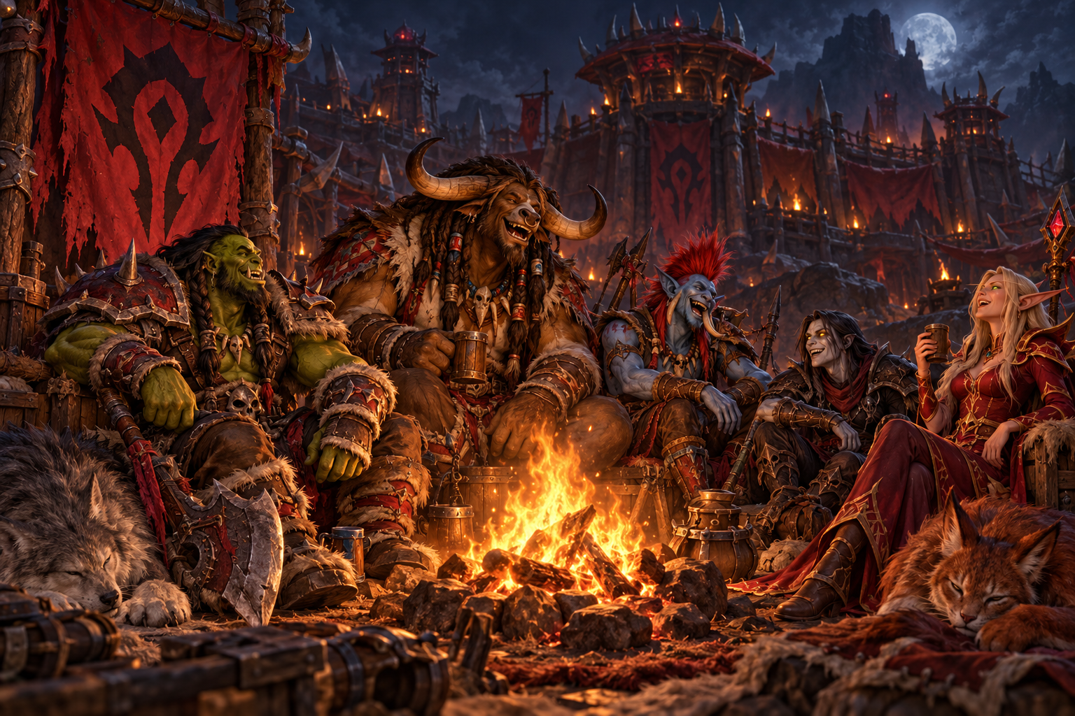 An orc, tauren, troll, undead and blood elf laughing together around a campfire beneath Horde banners.